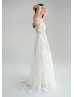 V Neck Ivory Lace Open Illusion Back Dazzling Wedding Dress